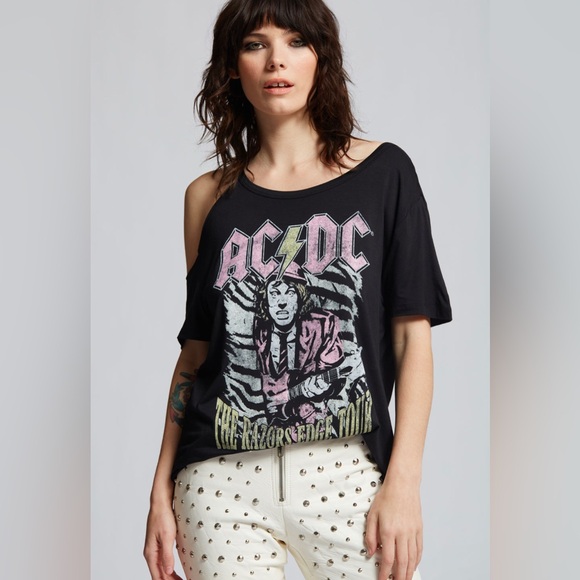 Recycled Karma Tops - AC/DC The Razors Edge Tour Cold Shoulder Tee WMN T-Shirt  NEW SIZES SM & MEDIUM